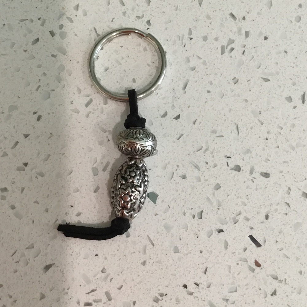 Silver Floral Bead Keychain with Black Suede Strap